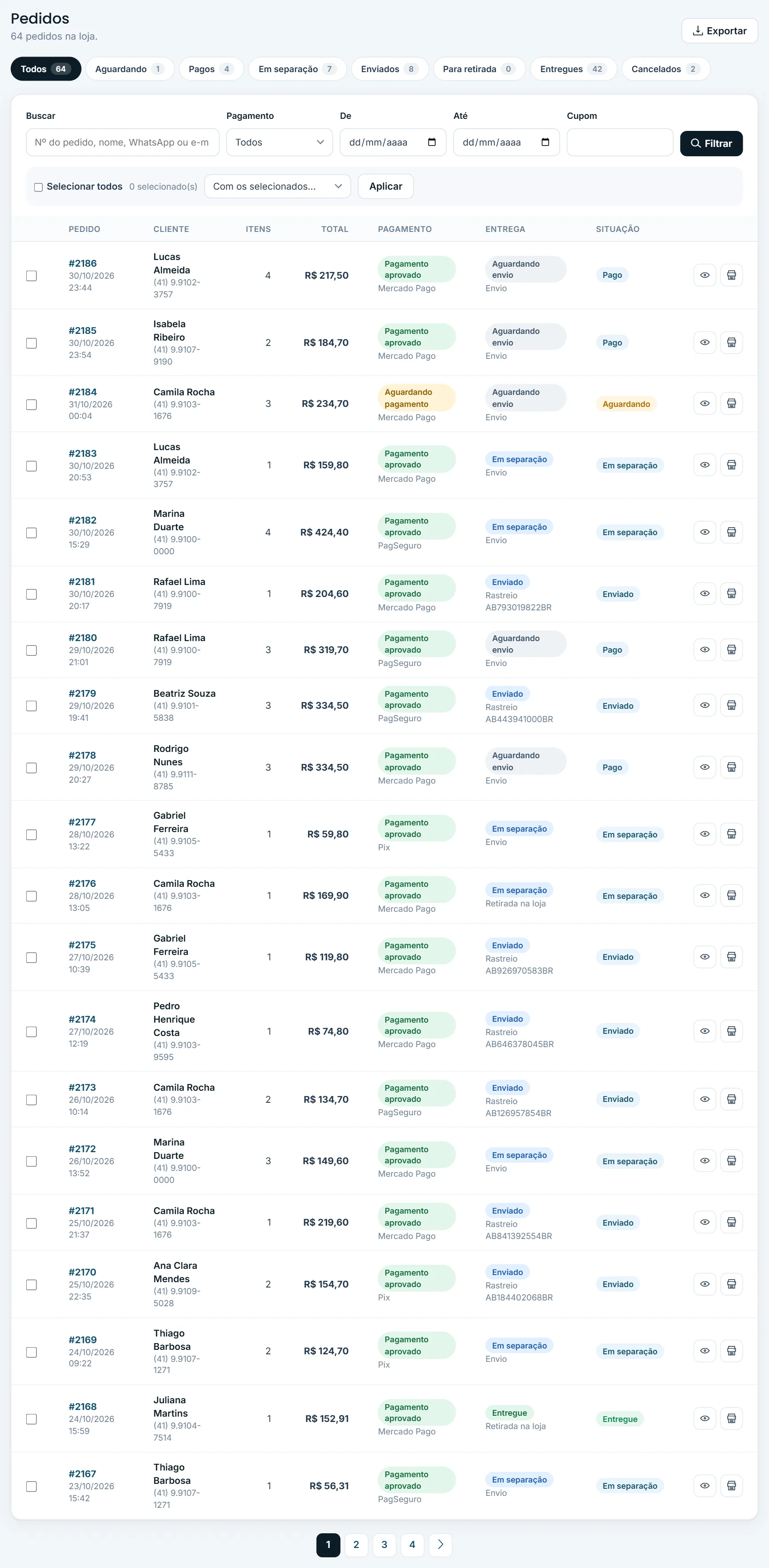 Lista de pedidos com abas e filtros