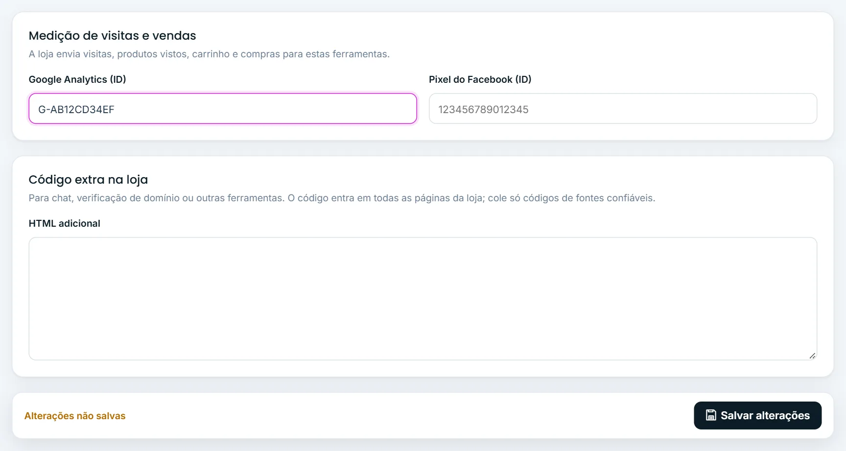 IDs do Google Analytics e do Pixel do Facebook