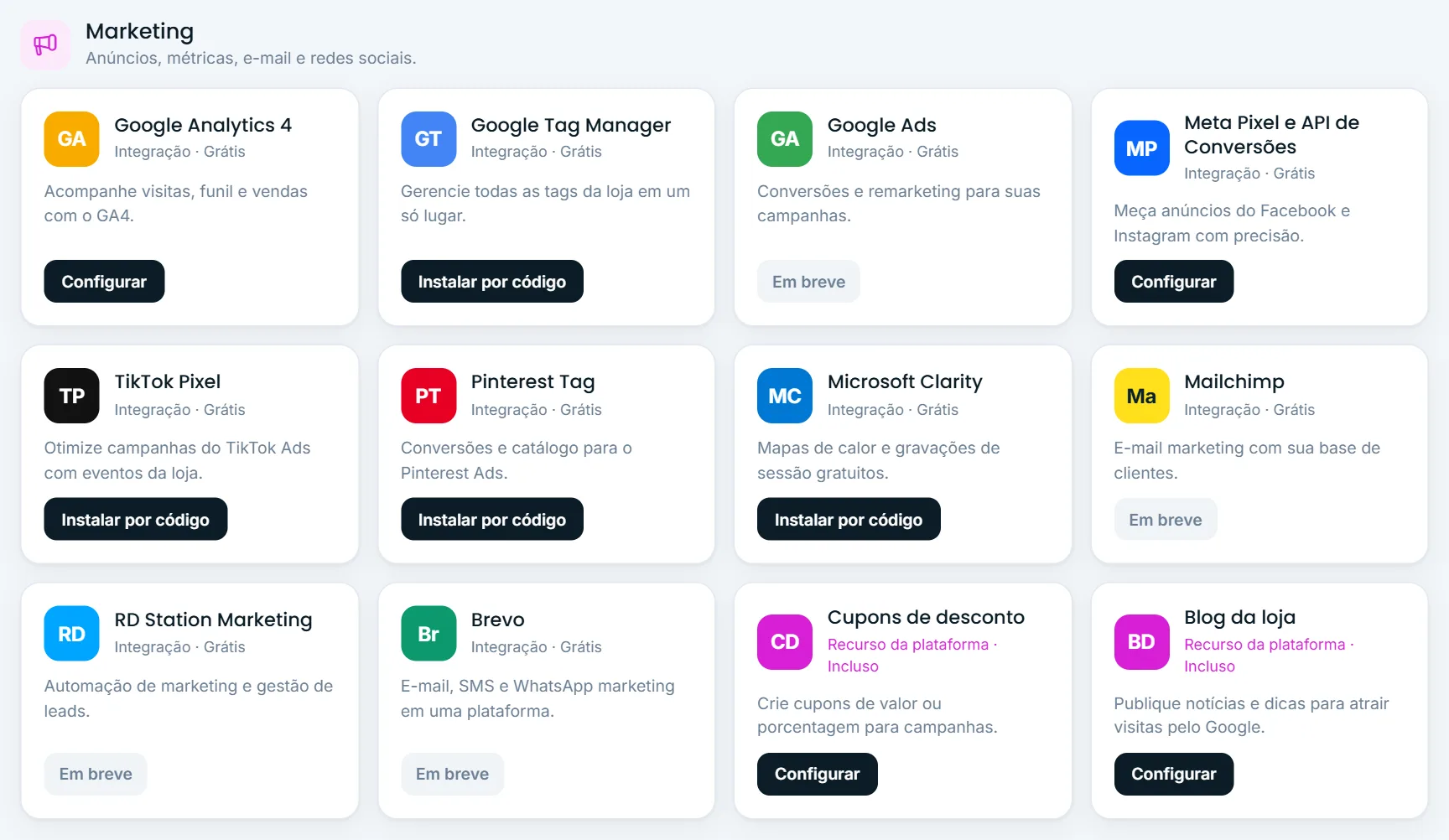 Ferramentas instaladas por código na tela Aplicativos
