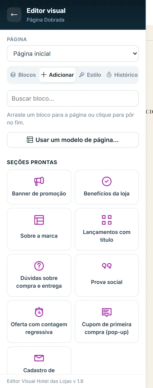 Aba Adicionar: a biblioteca de blocos