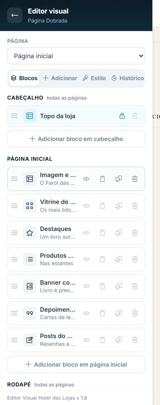 Aba Blocos: ordem e ações de cada bloco