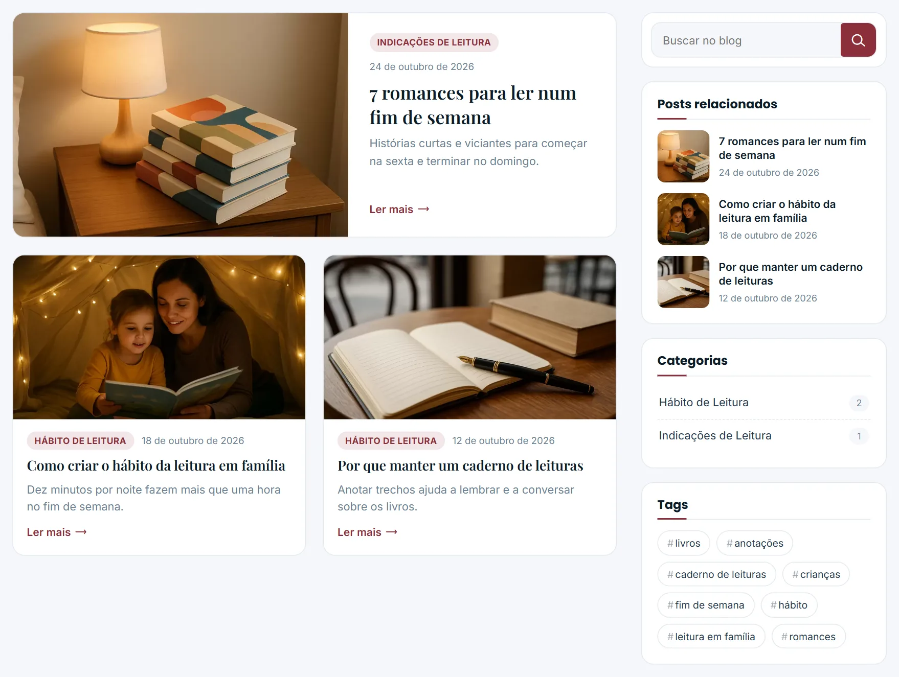Página do blog na loja, com a barra lateral