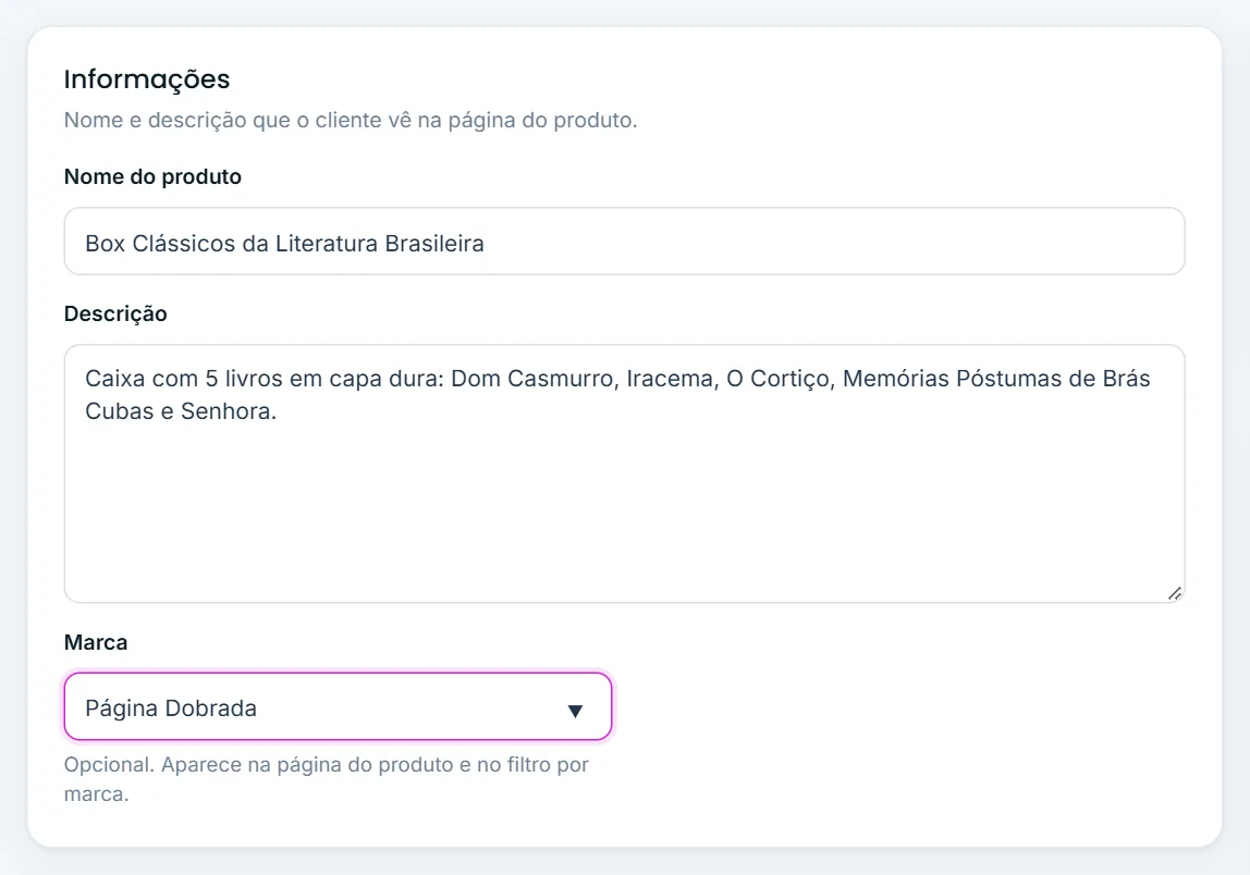 Cartão Informações do produto