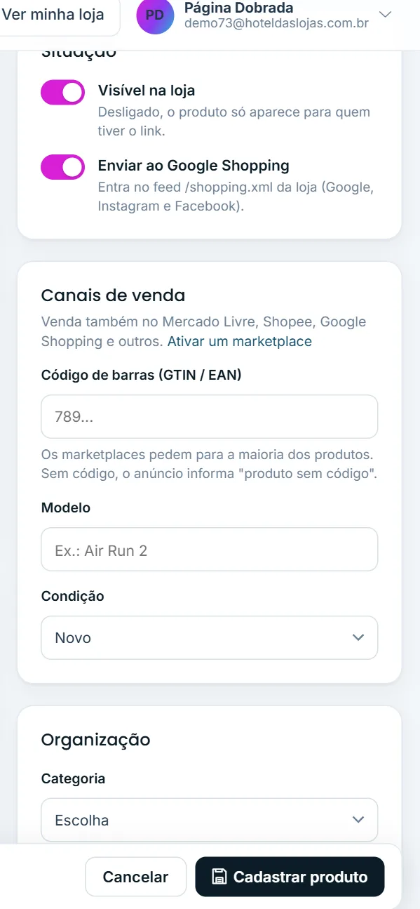 Situação e categoria do produto