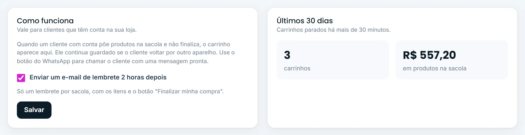 Lembrete por e-mail e números dos últimos 30 dias