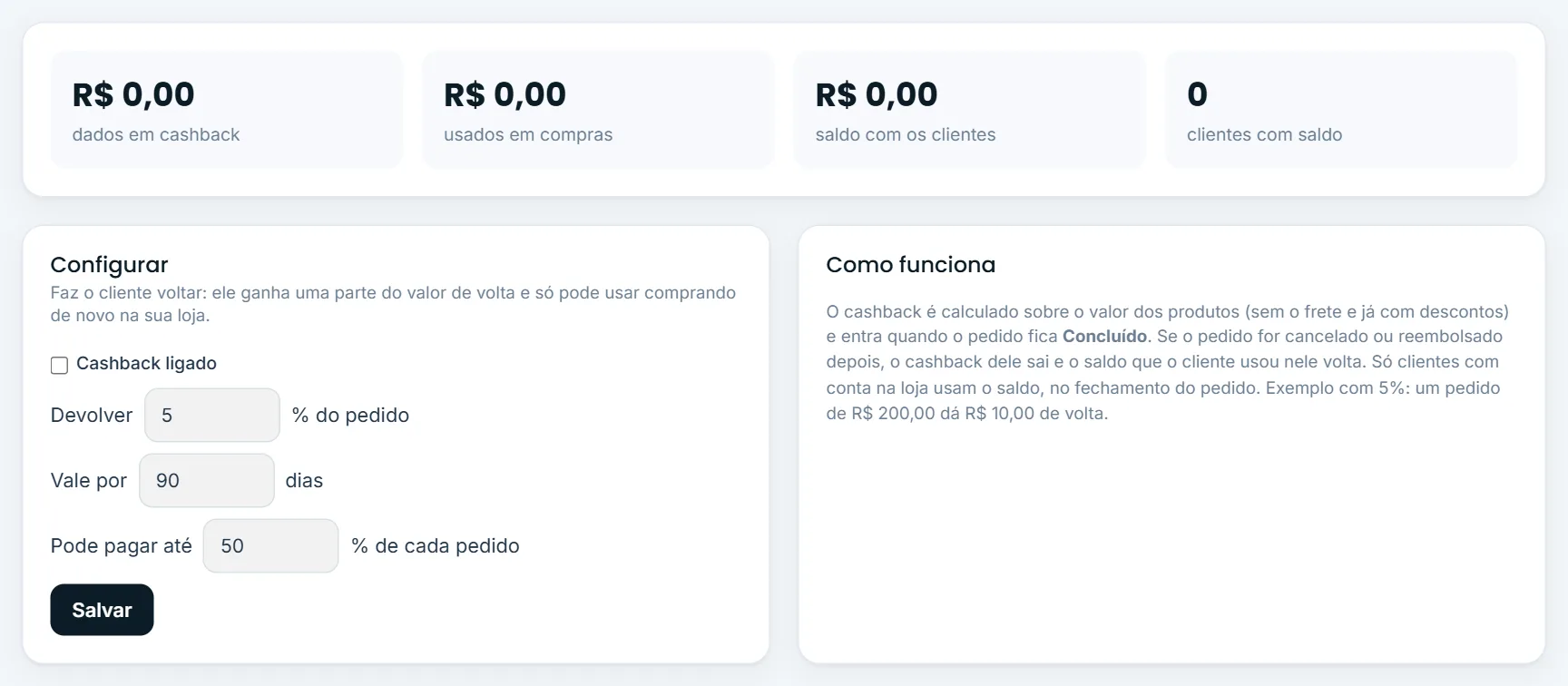 Números e configuração do cashback