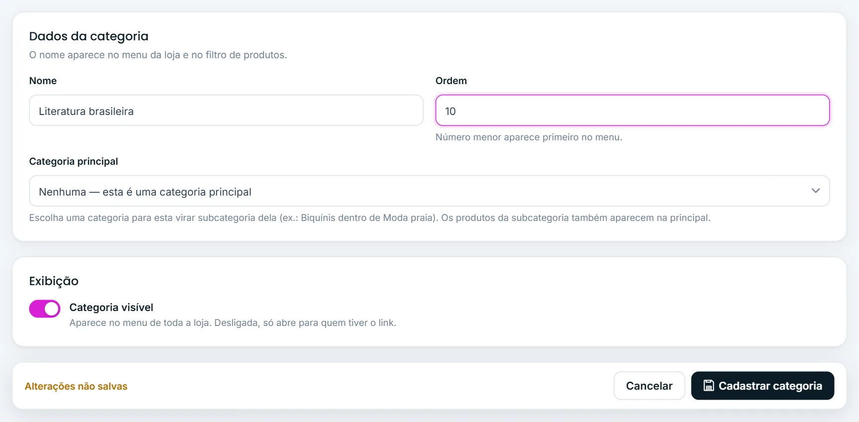 Cadastro de uma nova categoria