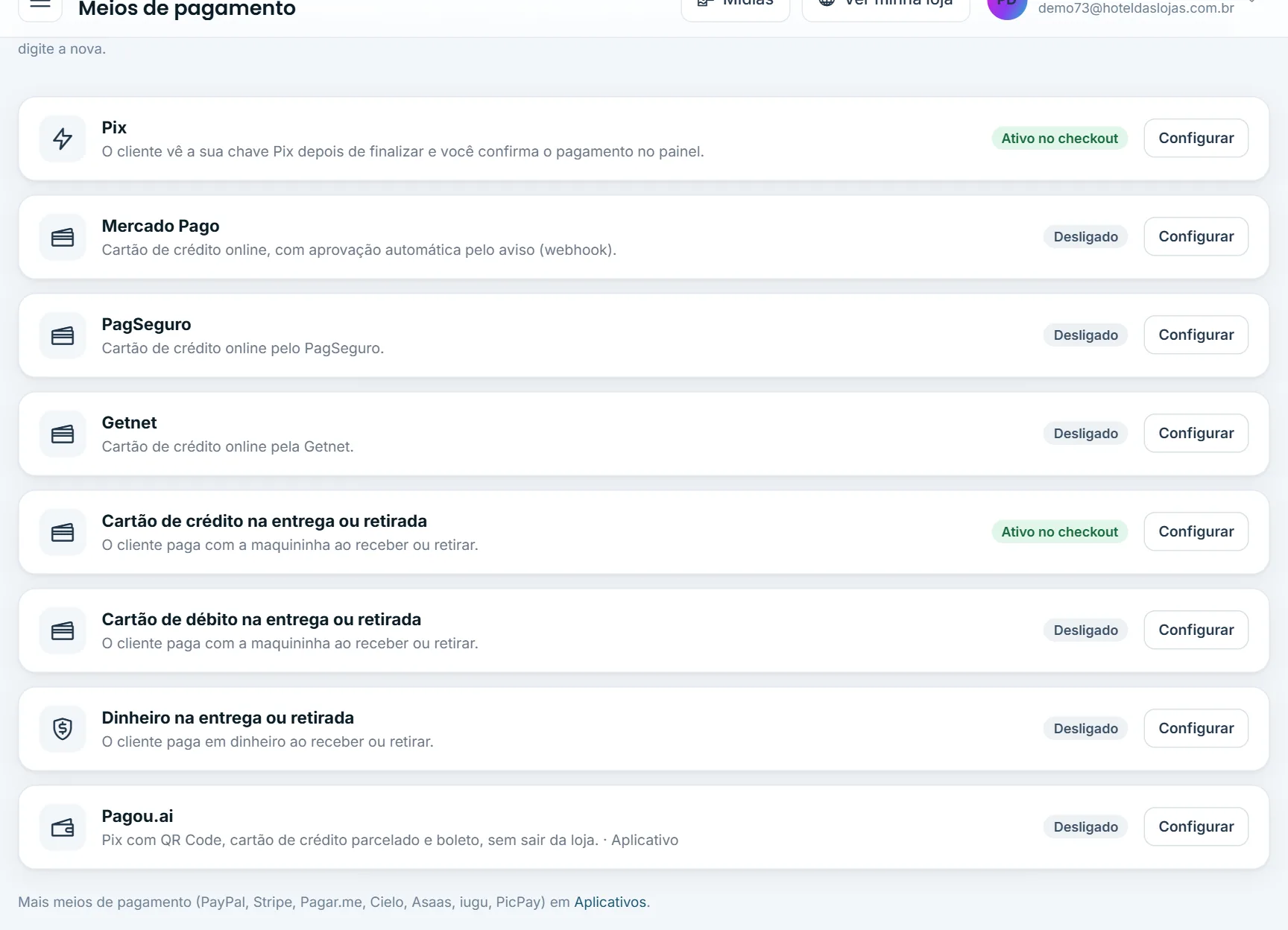 Meios de pagamento: ligue pelo menos um