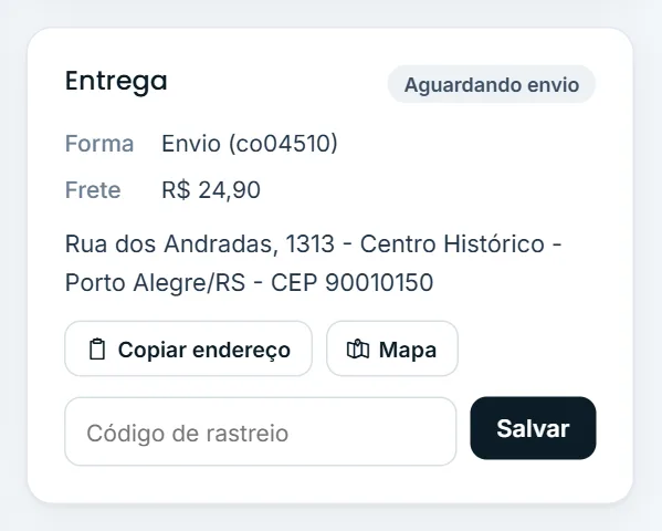 Cartão Entrega com o código de rastreio