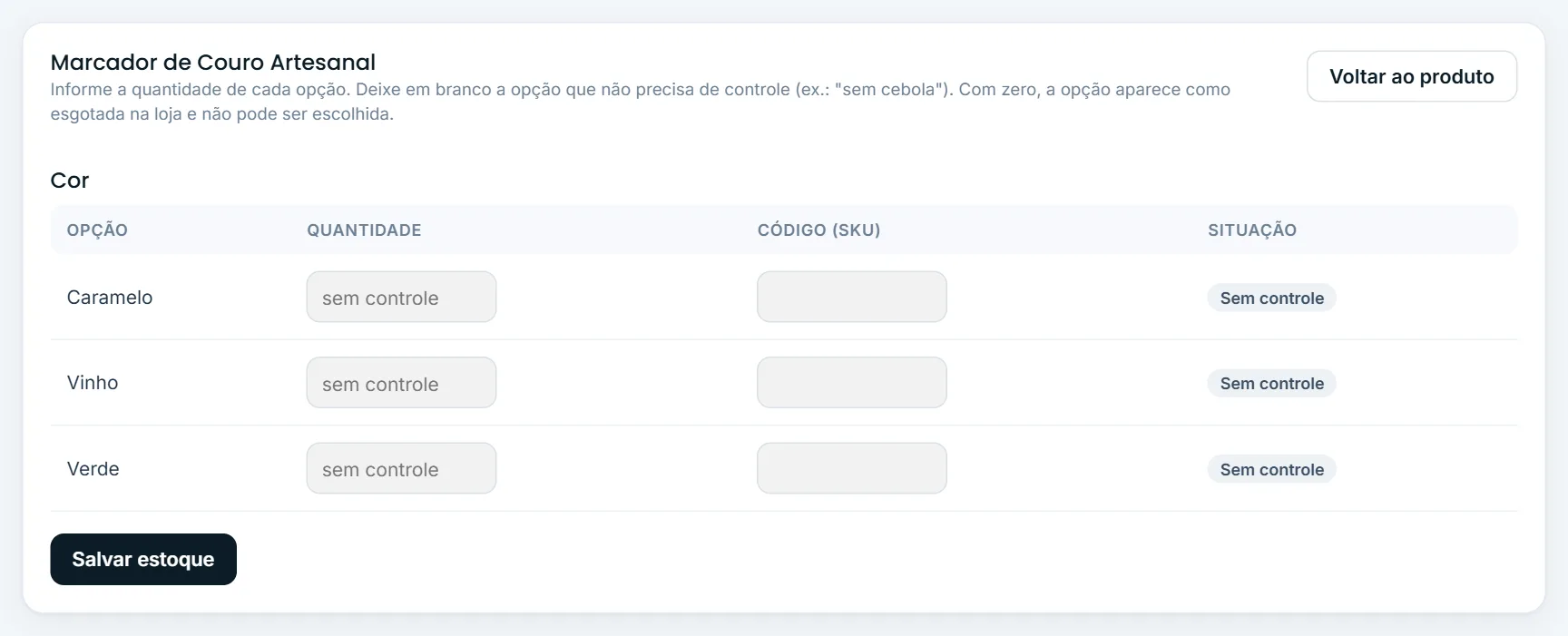 Estoque de cada opção da variação