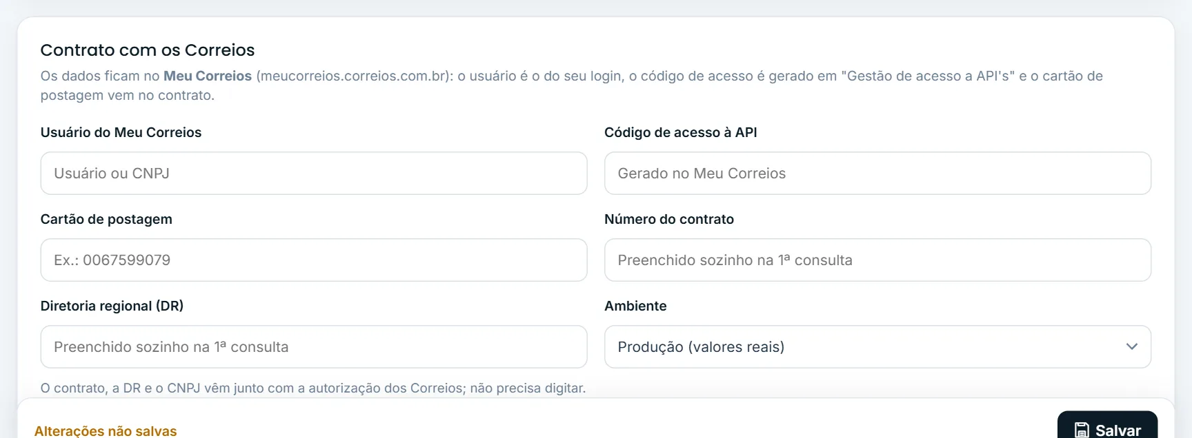 Dados do contrato com os Correios