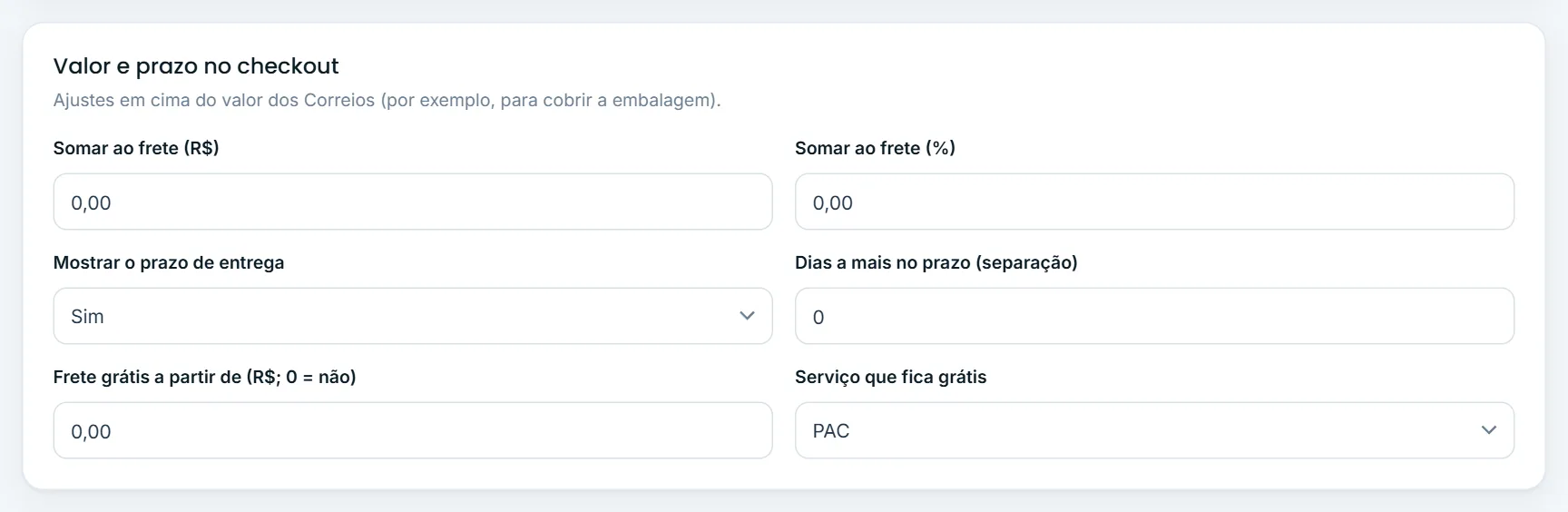 Valor e prazo no checkout