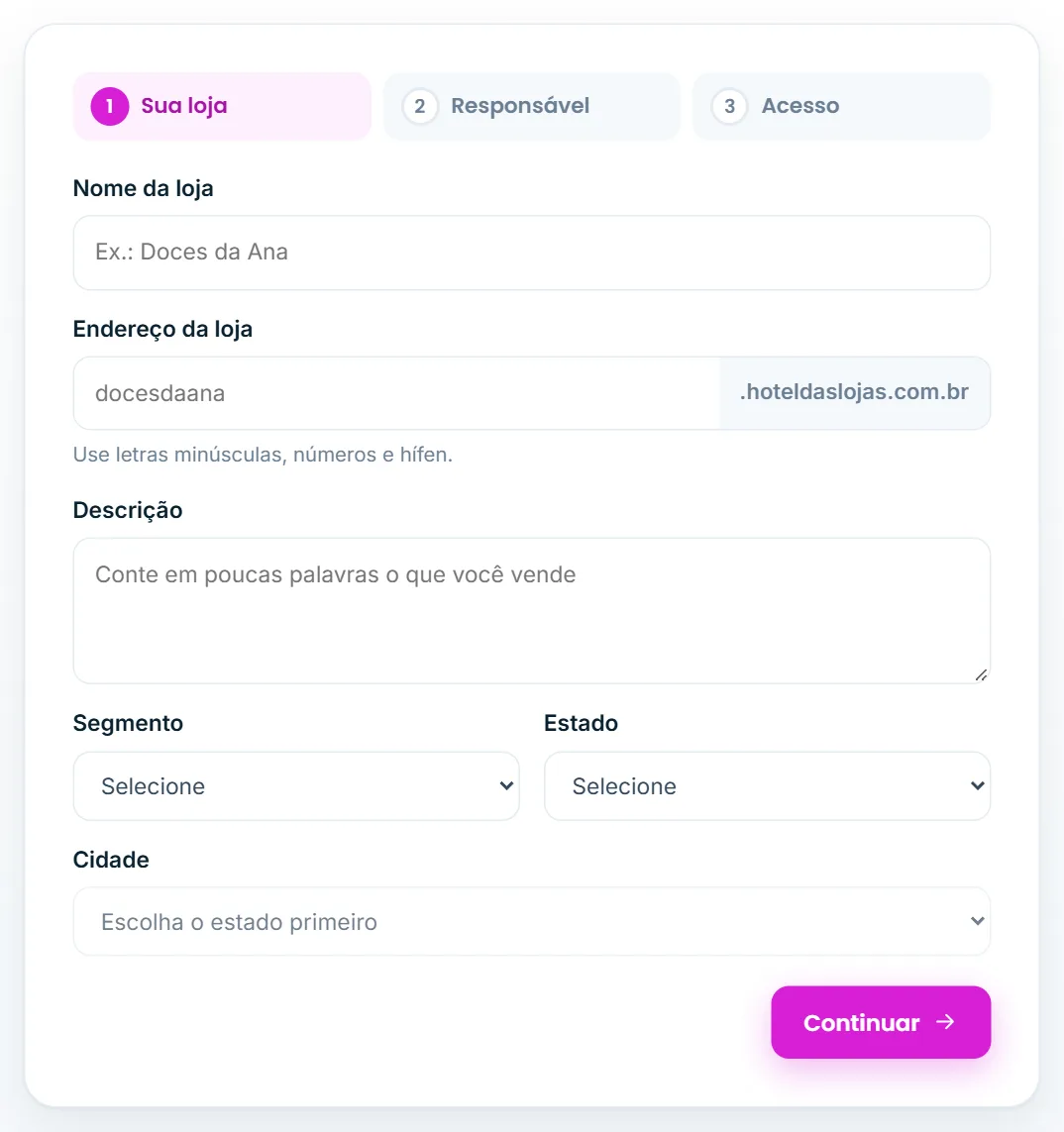 Primeira etapa do cadastro: Sua loja