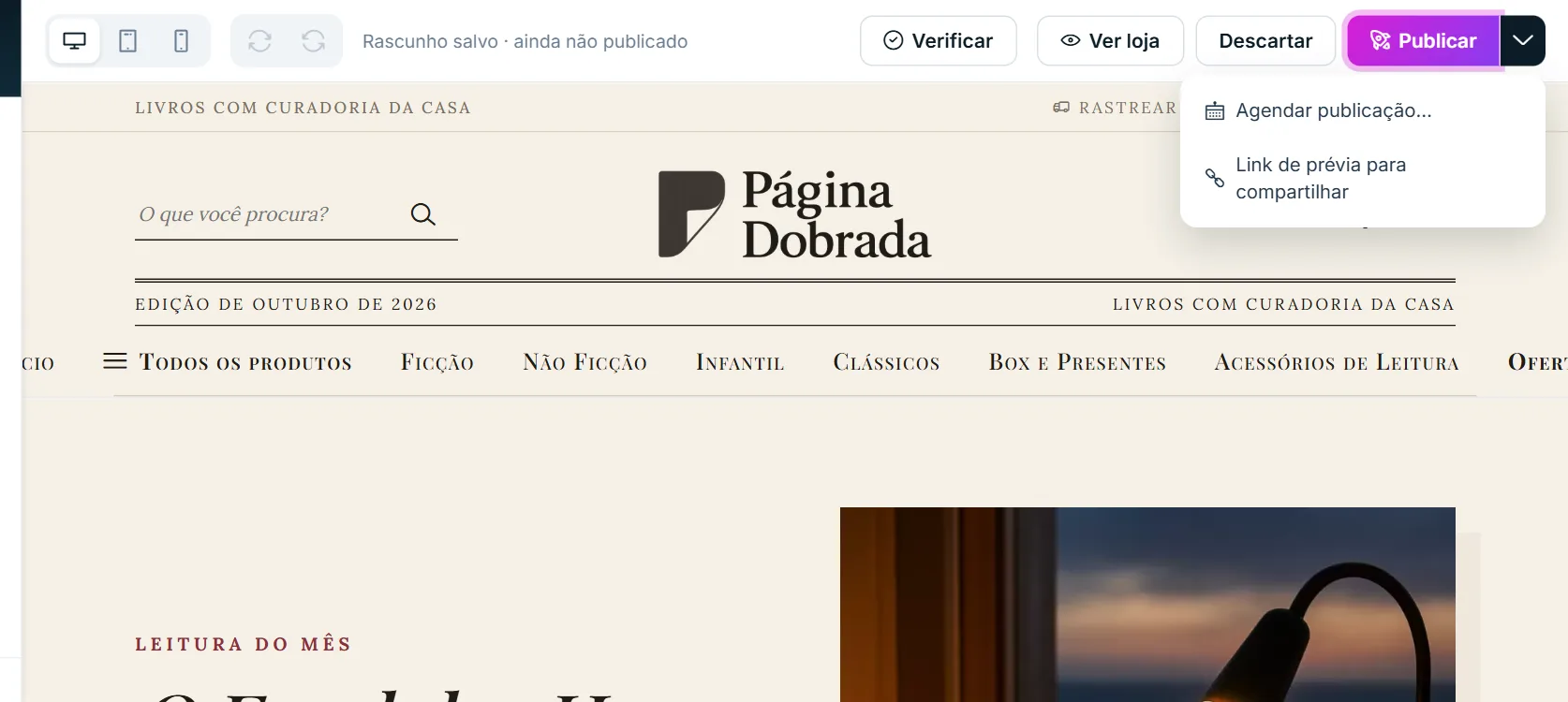 Publicar, agendar e link de prévia