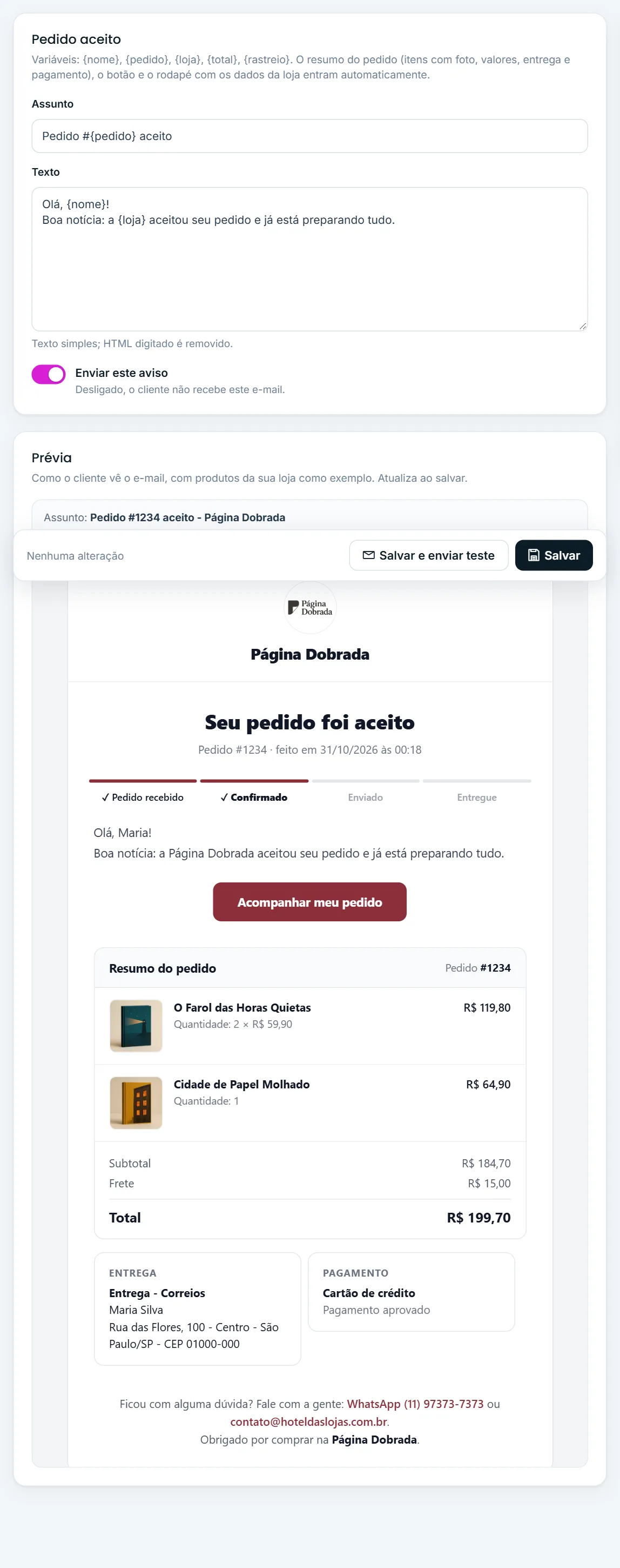 Assunto, texto e botão de envio do aviso