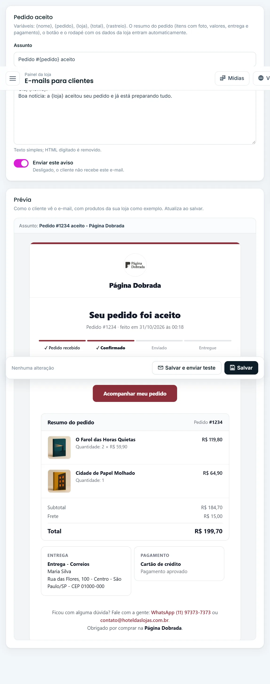 Prévia e botões de salvar