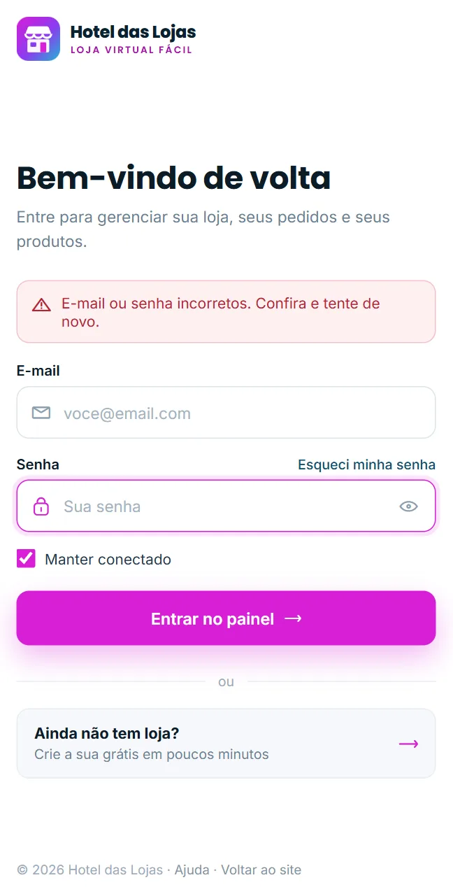 Aviso de e-mail ou senha incorretos