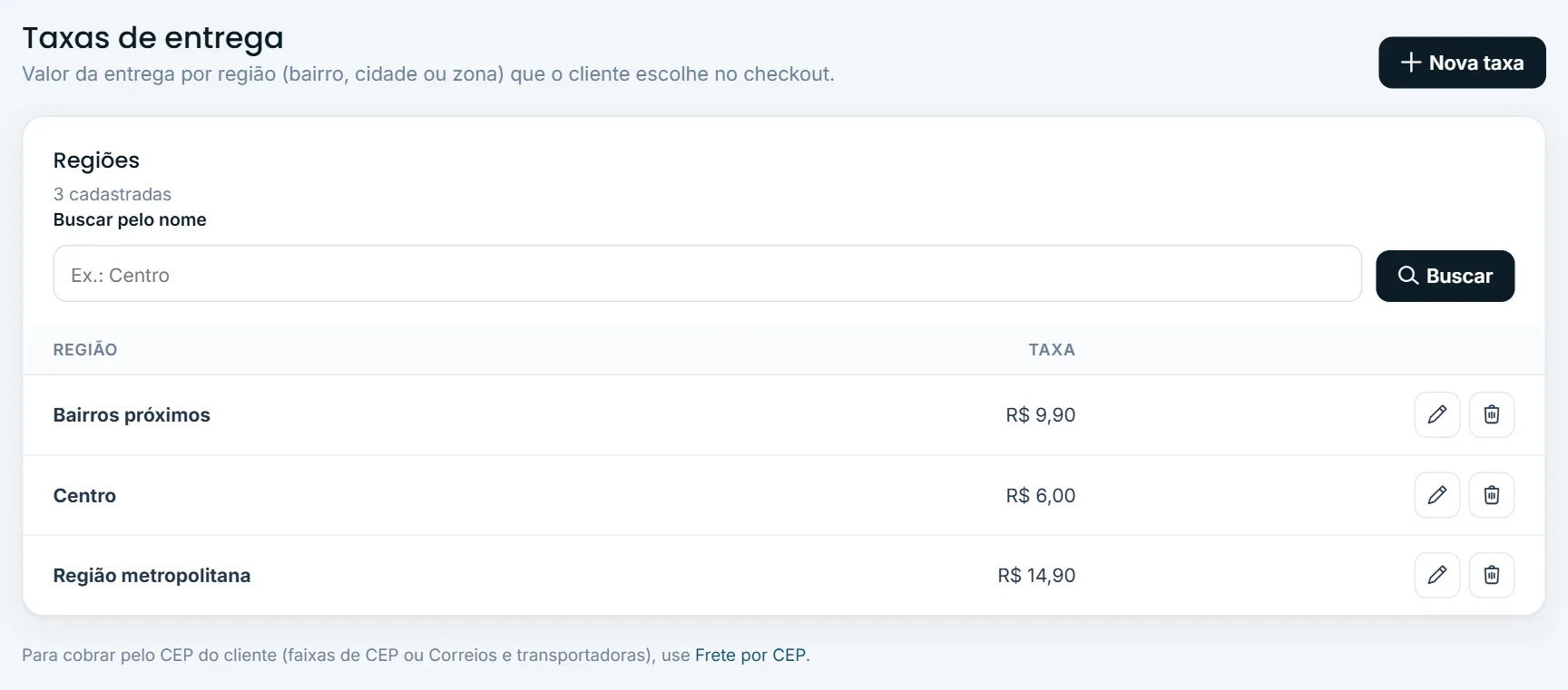Lista de taxas de entrega