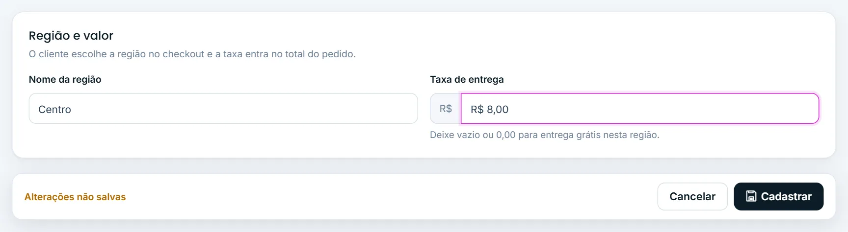 Nova taxa de entrega