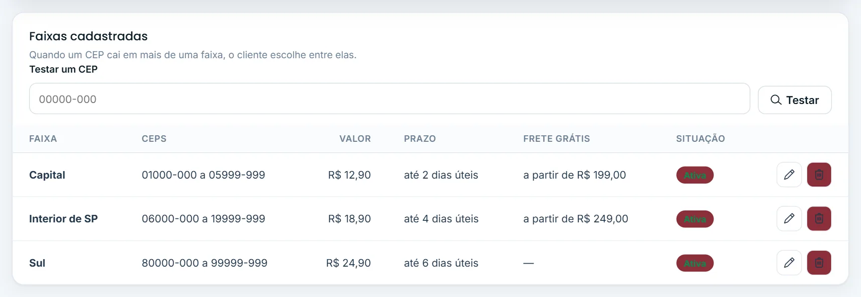 Testar um CEP e faixas cadastradas