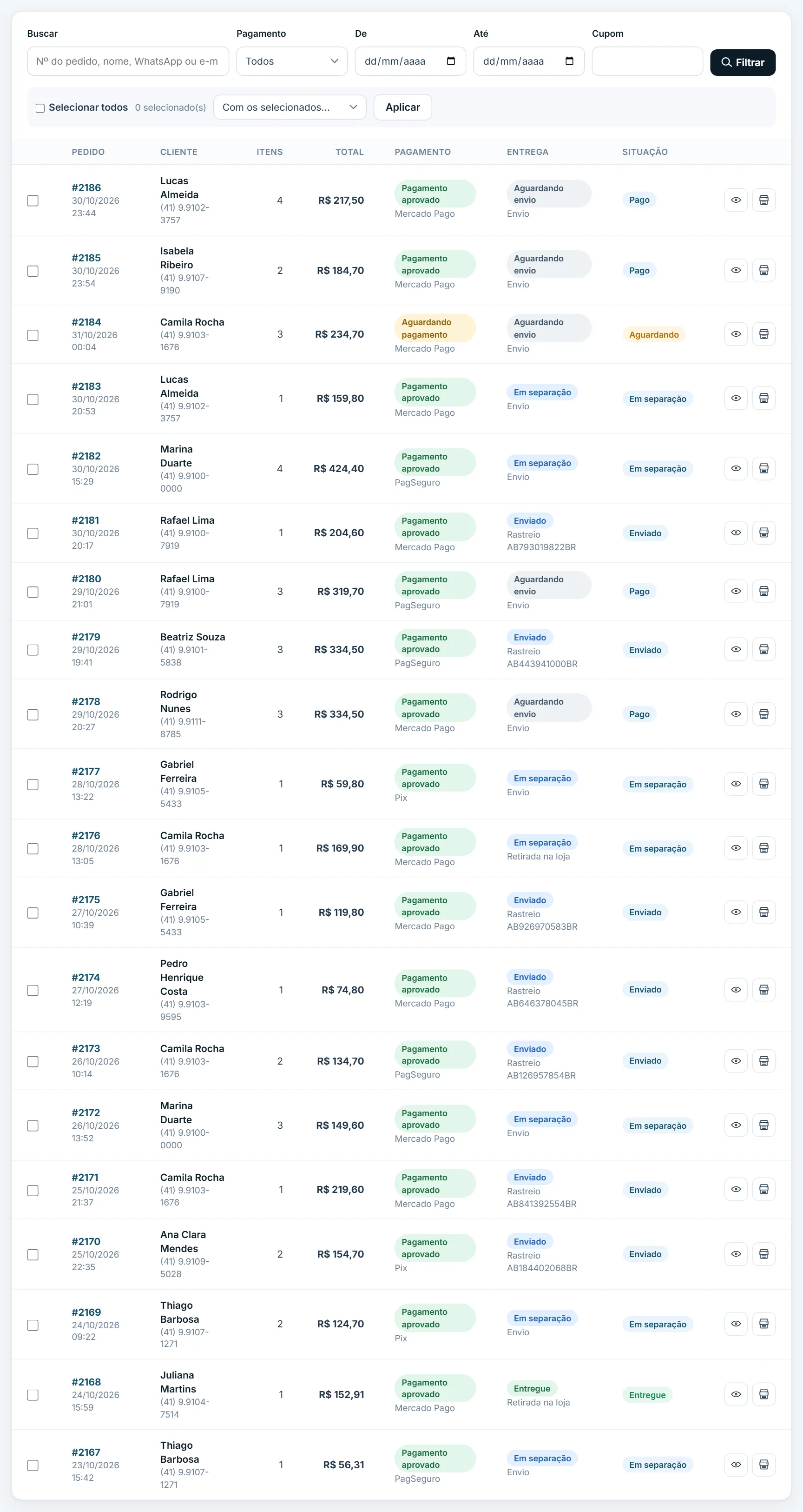 Botão de imprimir na lista de pedidos