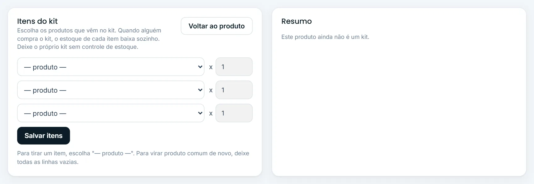 Itens do kit e resumo
