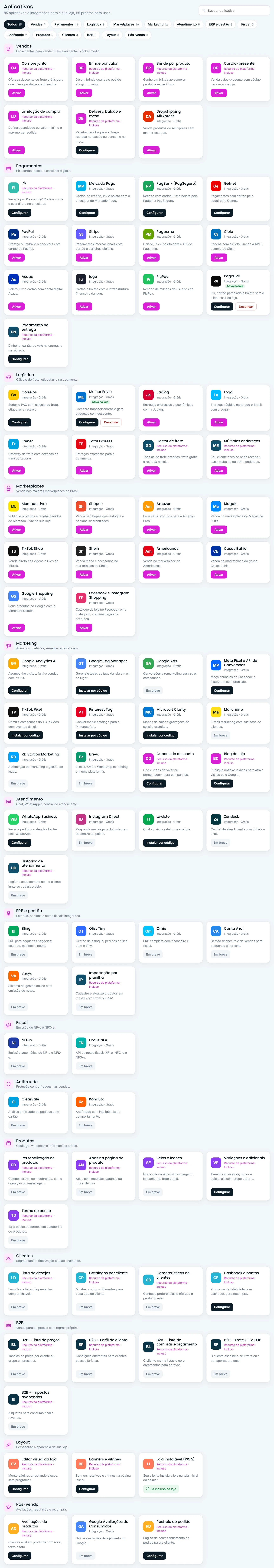 Busca e categorias de aplicativos