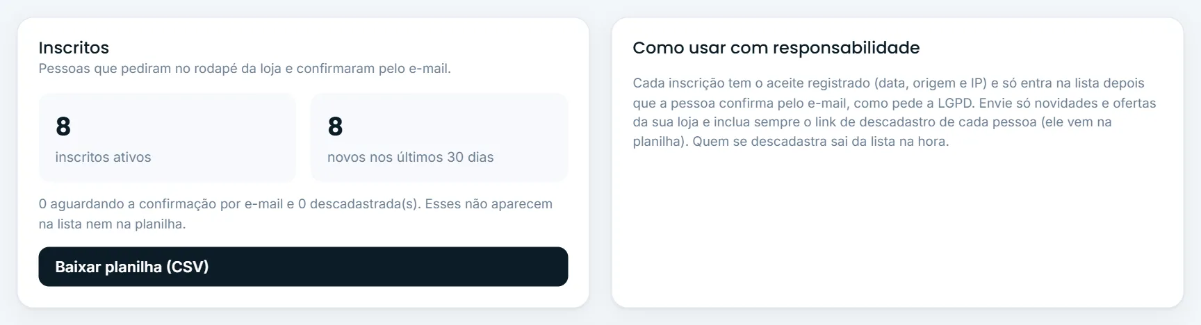 Números de inscritos e botão da planilha