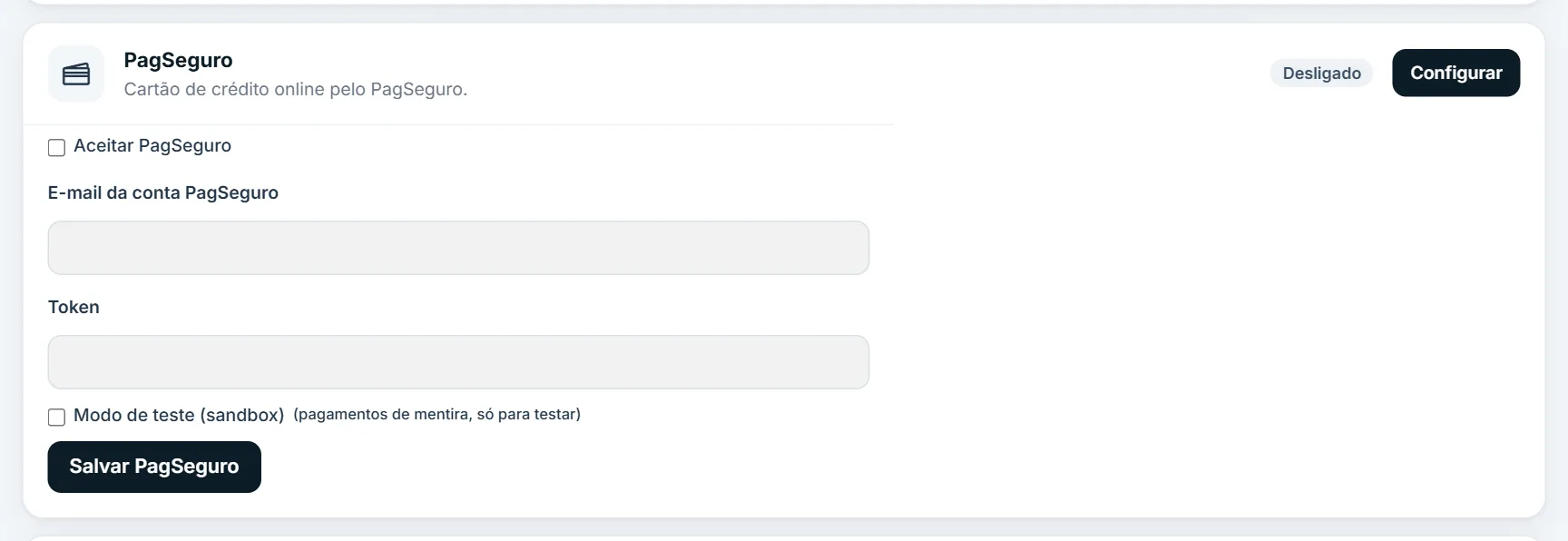 Configuração do PagSeguro