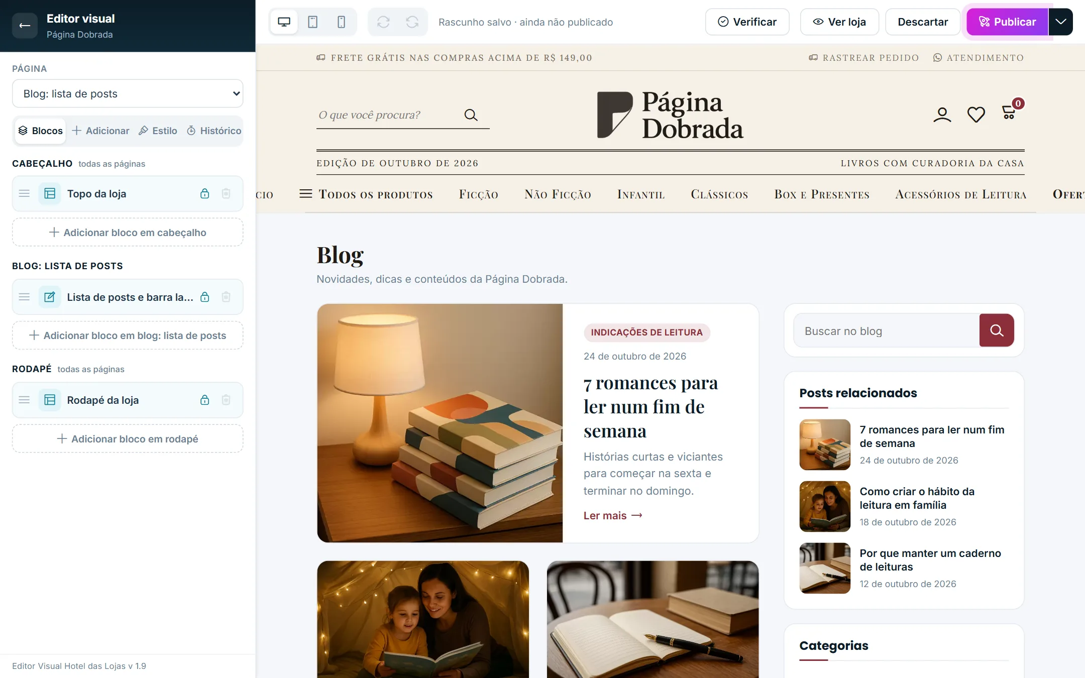 Página "Blog: lista de posts" no editor