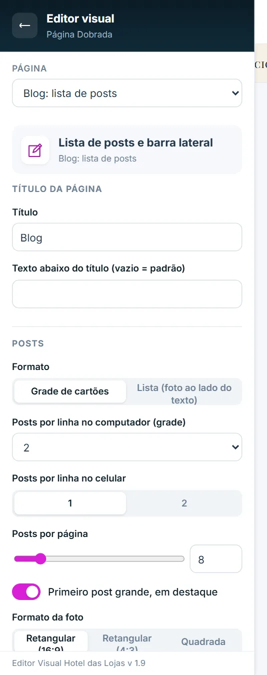 Opções da lista de posts