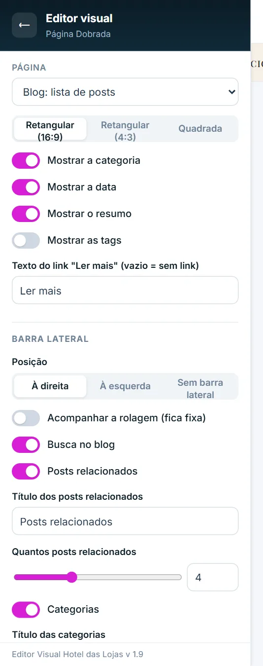 Opções da barra lateral