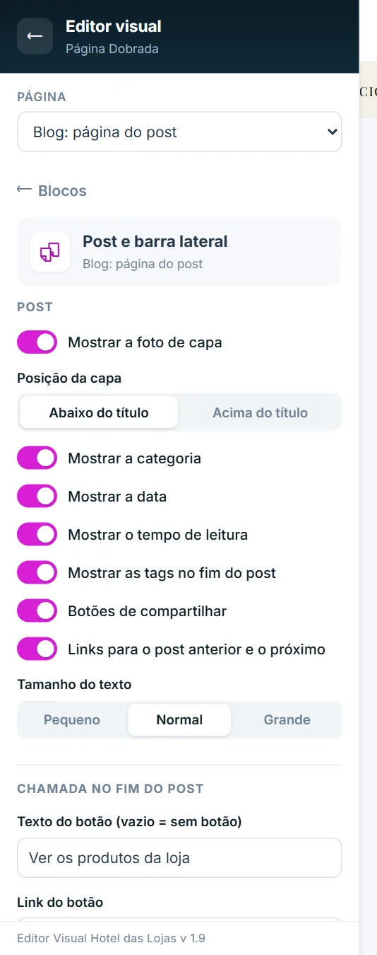 Opções da página do post