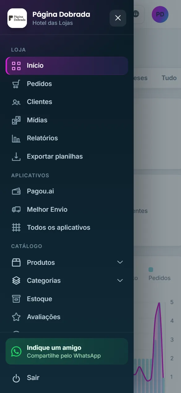 Menu aberto no celular