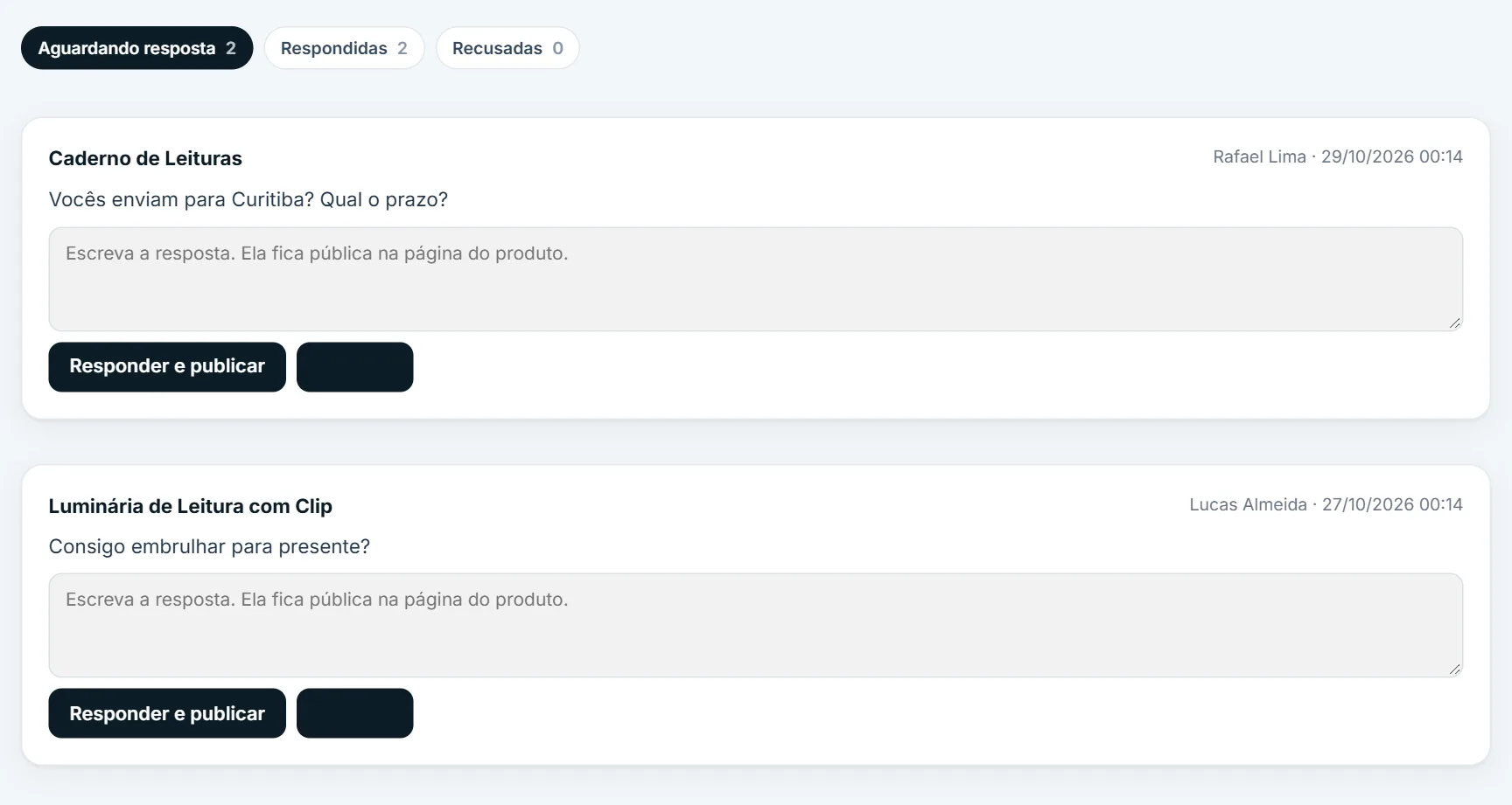 Abas das perguntas dos clientes