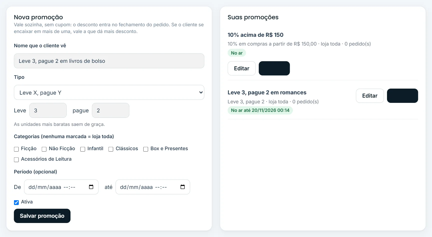 Formulário de nova promoção