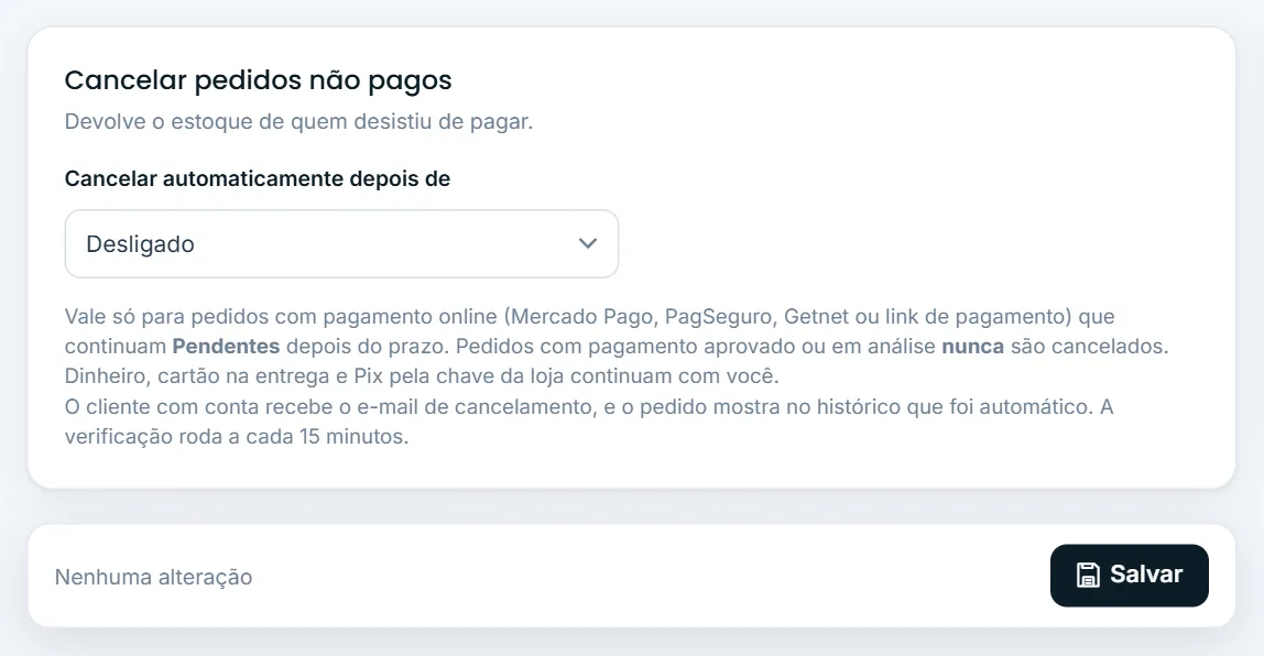 Prazo para cancelar pedidos não pagos