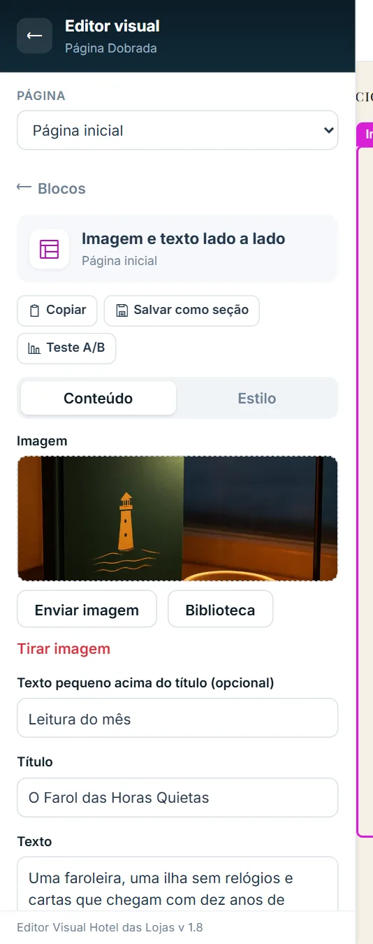 Ações no alto das opções do bloco