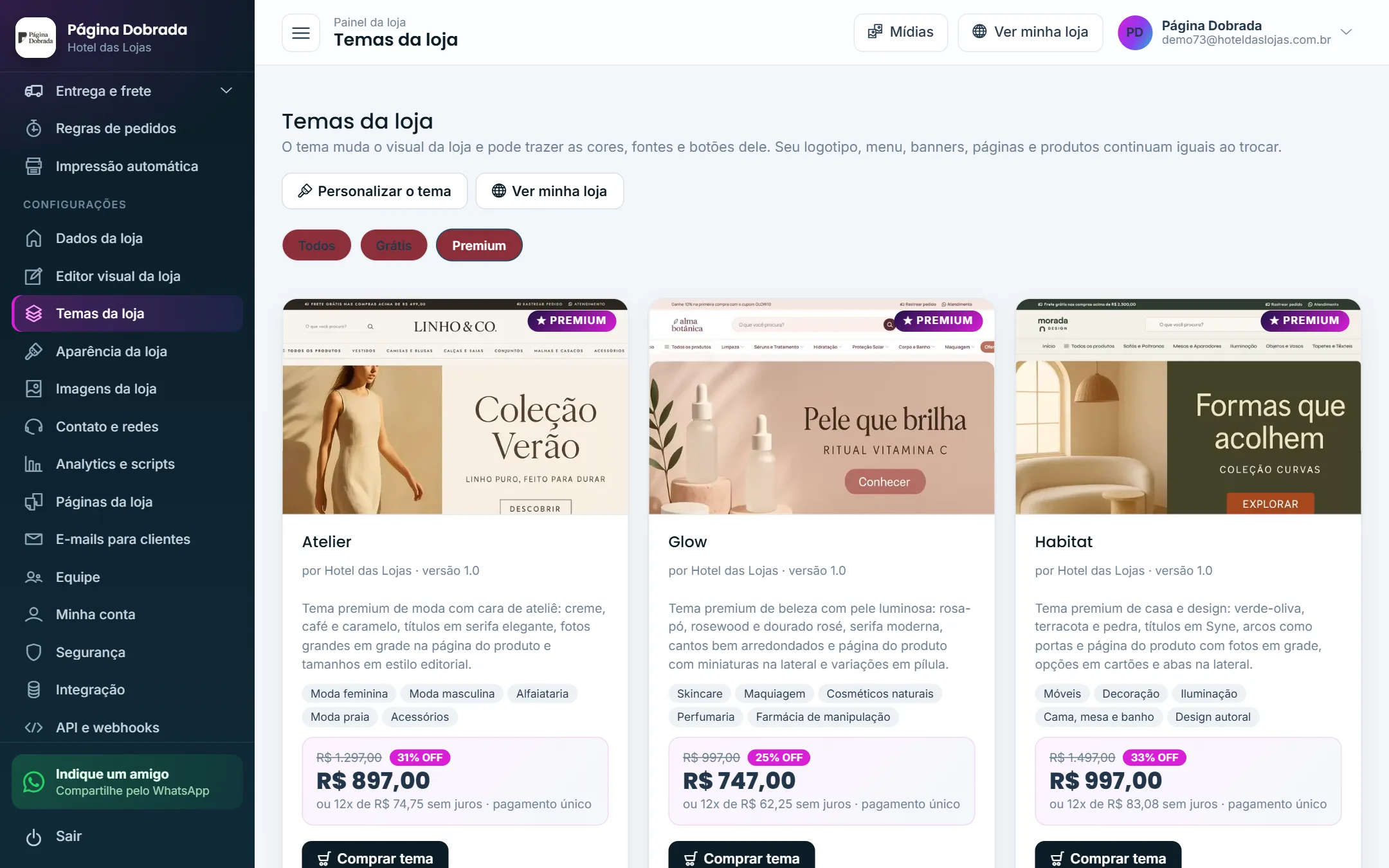 Filtro Premium na tela de temas