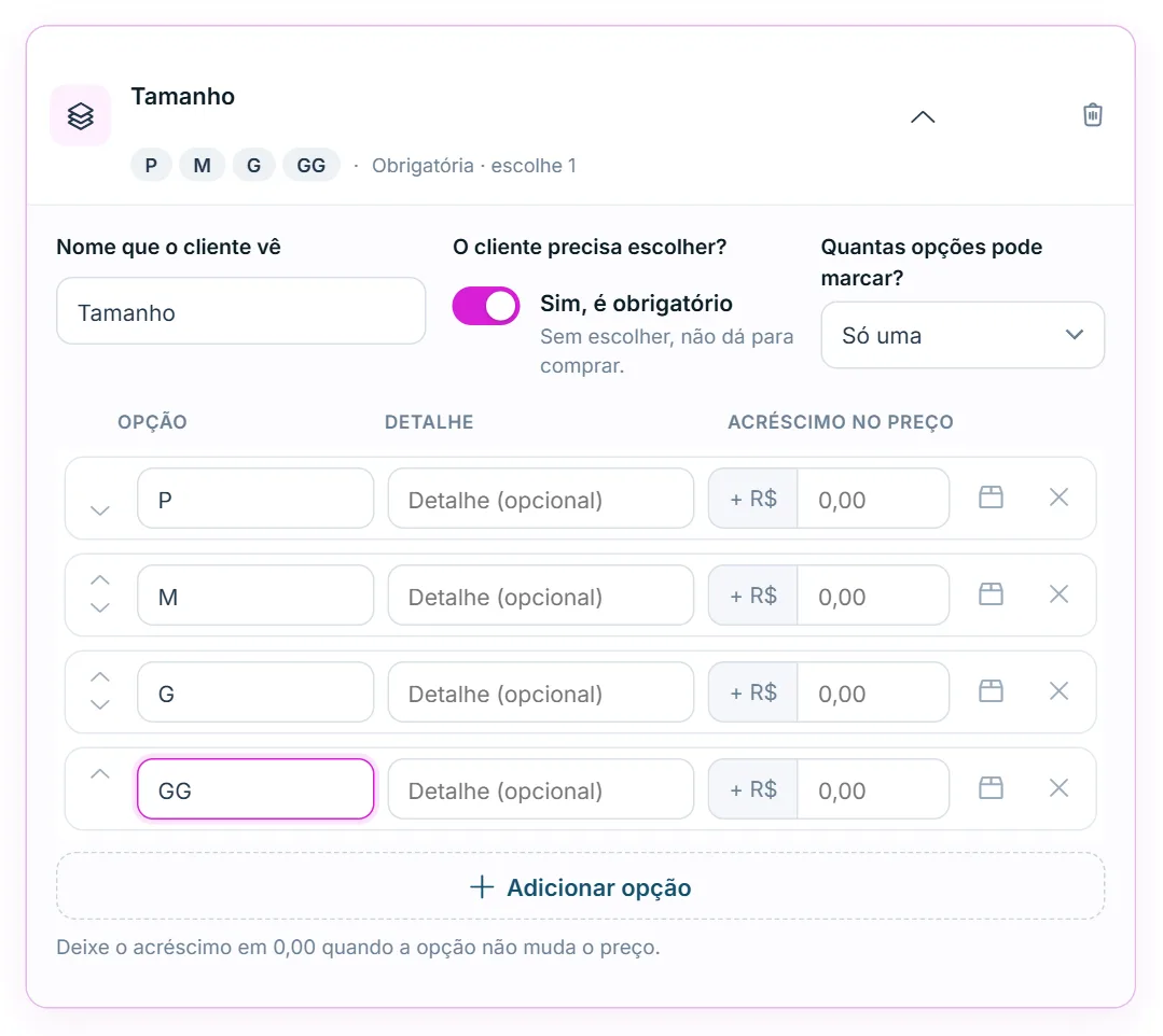 Variação aberta com as opções