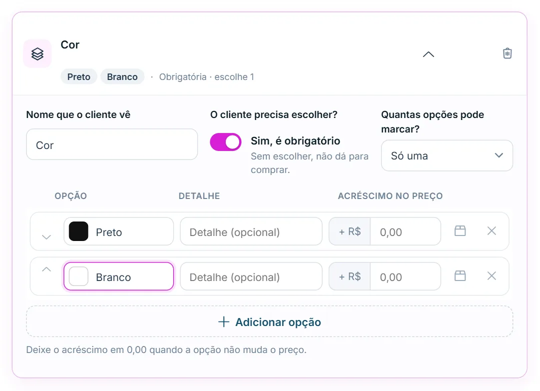 Cor e frete de cada opção